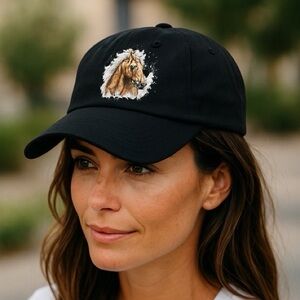 Elegant Black Women's Hat with Horse Embroidery